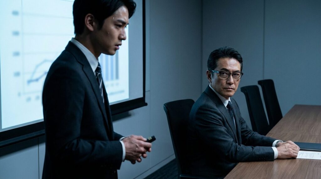 会議中に嘘や建前が通用しない相手からの視線を受け、動揺を隠せない日本人若手社員。本質を見抜く人が怖いと感じる理由である、見透かされるような視線の圧力を描いている。