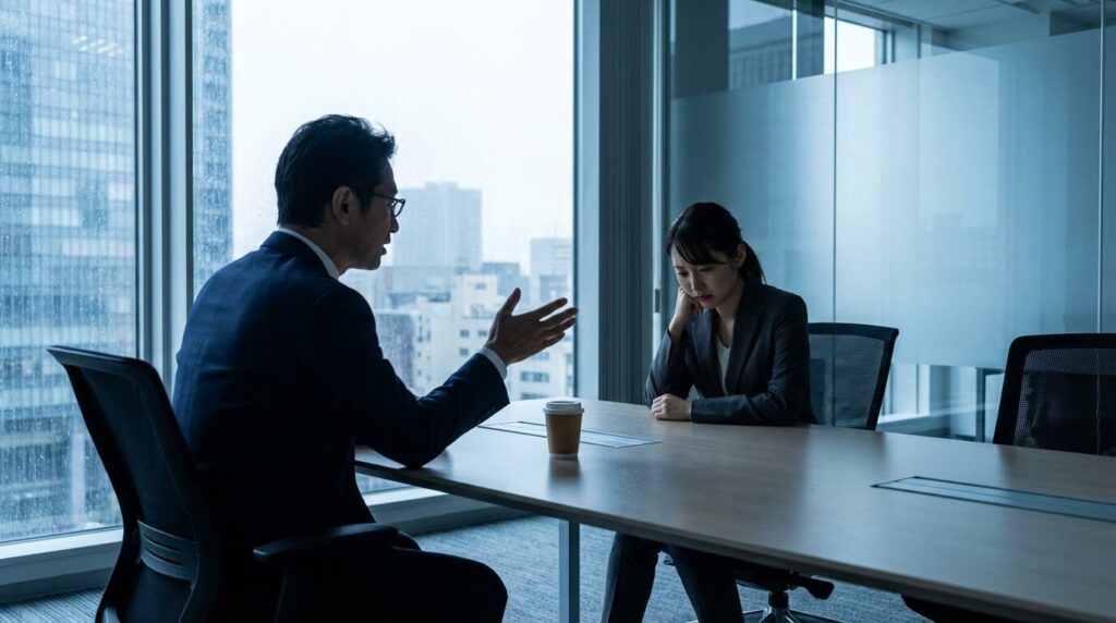 一方的に話す男性と視線を逸らす女性の気まずい会議室の風景。相手の感情を無視したコミュニケーションが、正論ばかり言う人が嫌われる理由であることを示している。