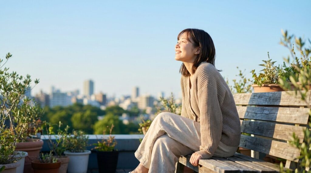 青空の下で深呼吸をしてリラックスする女性の様子。人をなめている人の特徴や対処法を理解し、ストレスから解放された心の平穏を表現している。