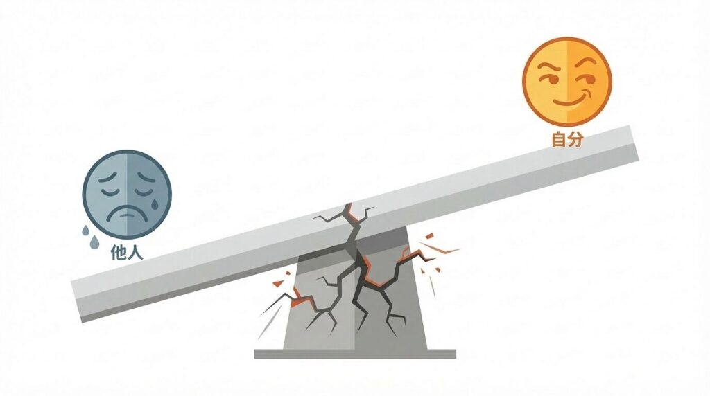 シーソーのイラスト。一方に他人（下げられる）、もう一方に自分（上がる）を配置。しかし、その土台である信頼が崩れかけており、不安定な心理バランスとリスクを示唆する概念図