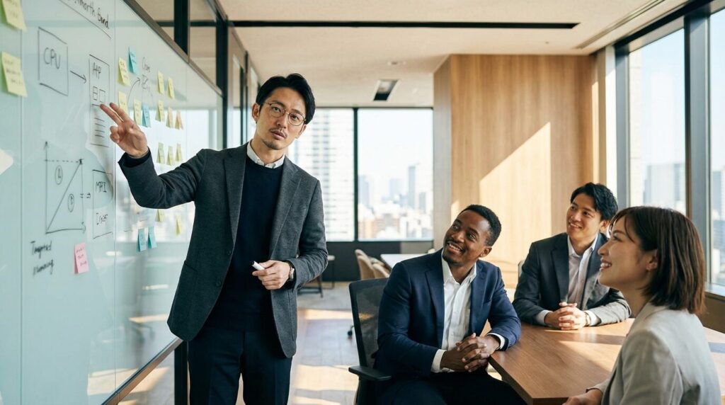 会議室で鋭い指摘を行い周囲を感心させる日本人男性。感受性が強い人が頭がいいと言われる理由である観察力と深い思考を示している。