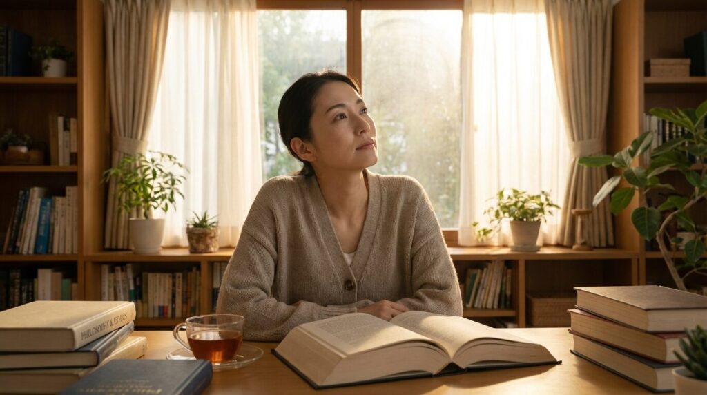 朝の光が差し込む書斎で深く思索にふける日本人女性。感受性が強い人の内面にある知性と洞察力を象徴するシーン。