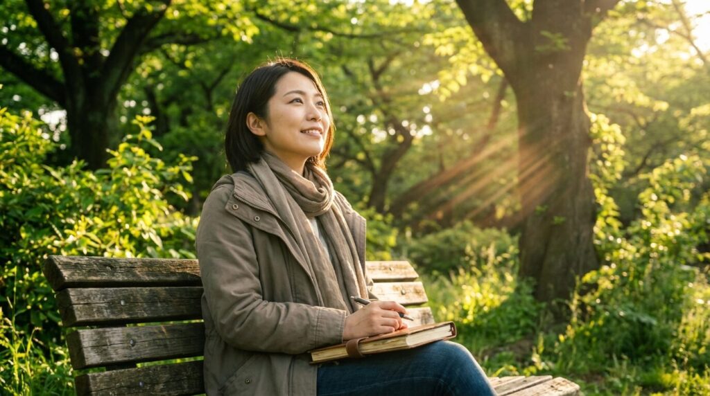 公園のベンチで希望に満ちた表情で空を見上げる日本人女性。感受性が強いことと頭の良さの関連を理解し、自分の特性を肯定的に受け入れた様子。