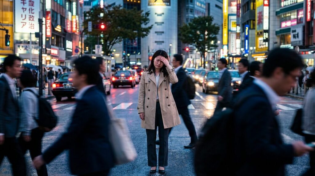 都会の喧騒の中で刺激に圧倒され疲労を感じている日本人女性。感受性の強さゆえに抱える情報過多や脳疲労の課題を表現している。