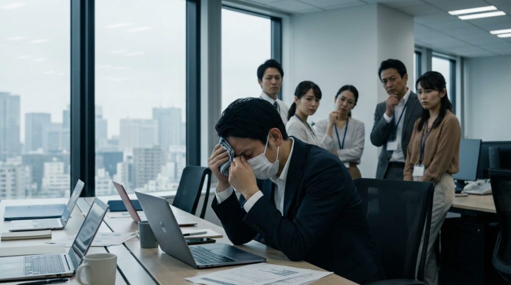 オフィスでマスクをして辛そうに咳き込む体調不良の日本人男性社員と、それを心配そうに見つめる周囲の同僚たち。体調悪いのに出勤してくる人が職場に与える迷惑やリスクを象徴するシーン。