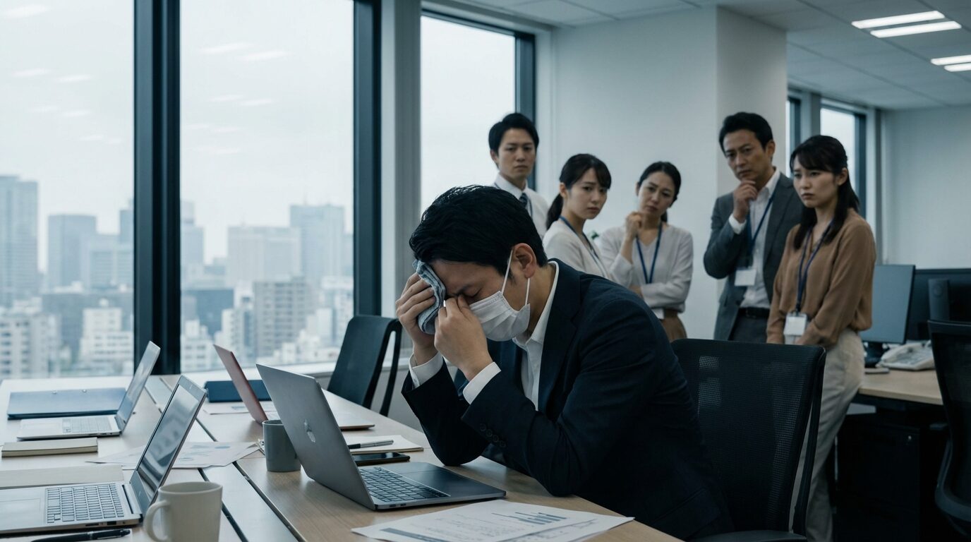 オフィスでマスクをして辛そうに咳き込む体調不良の日本人男性社員と、それを心配そうに見つめる周囲の同僚たち。体調悪いのに出勤してくる人が職場に与える迷惑やリスクを象徴するシーン。