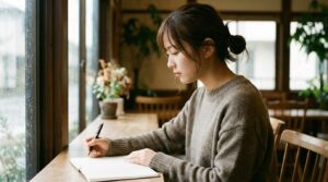 カフェの窓際で手帳に向かい、ペンを持って丁寧に文字を書いている日本人の若い女性。字が小さい人に見られる性格傾向と特徴、そして心理的背景や直し方を象徴している様子。