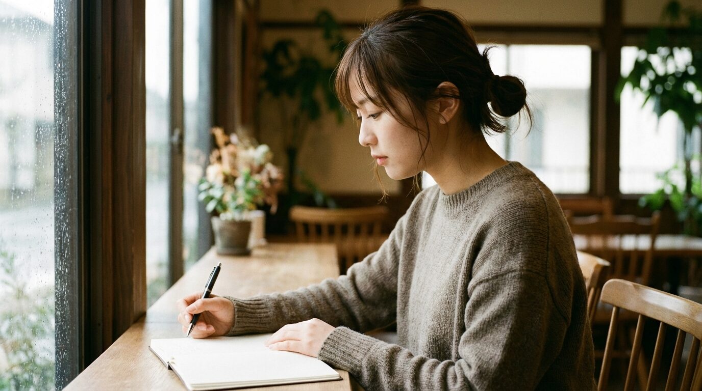 カフェの窓際で手帳に向かい、ペンを持って丁寧に文字を書いている日本人の若い女性。字が小さい人に見られる性格傾向と特徴、そして心理的背景や直し方を象徴している様子。