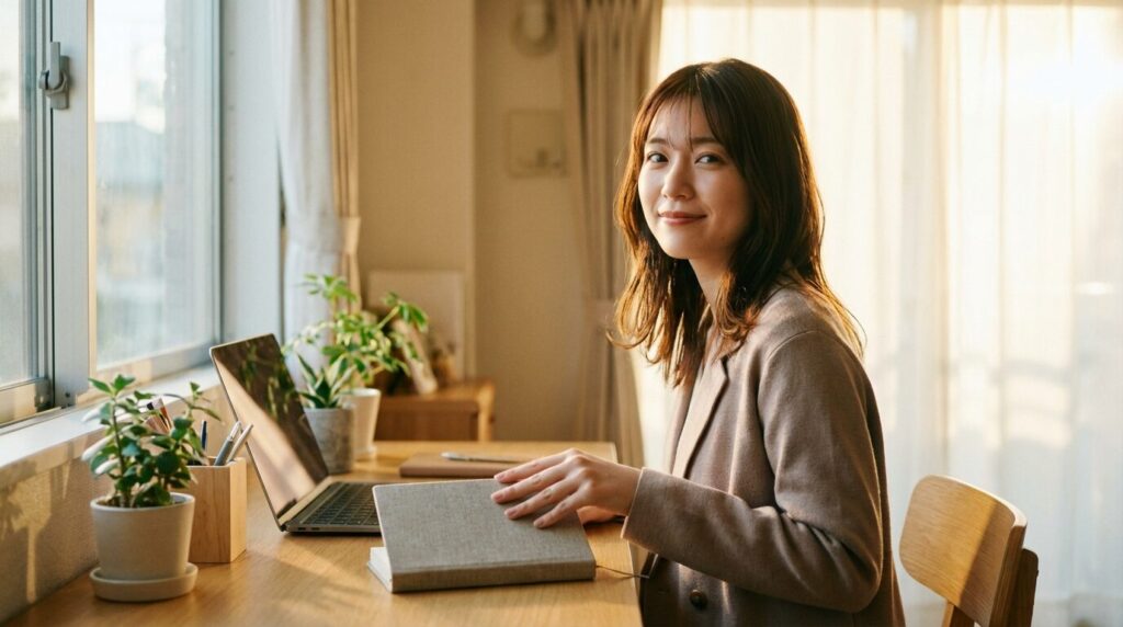 整理されたデスクでノートを閉じ、穏やかな笑顔を見せている日本人の女性。字が小さい人の性格や心理を理解し、自分の個性を肯定的に受け入れているまとめの様子。