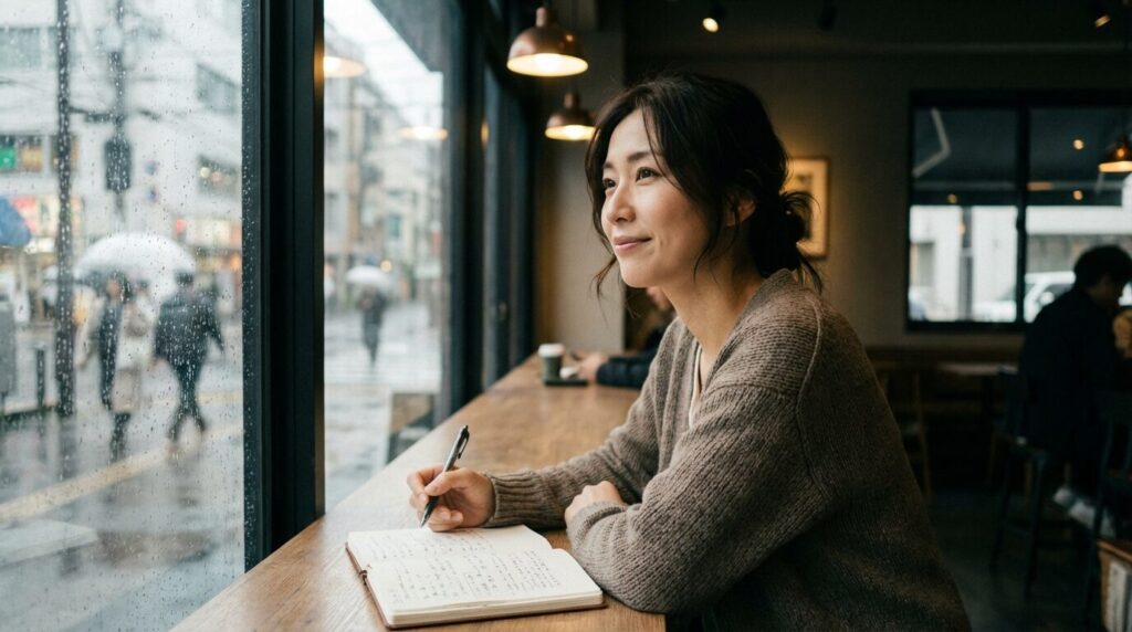 カフェでノートを開き穏やかな表情で考えを整理している日本人女性。声が小さい人の育ちや心理から学ぶべき要点を振り返り、自己受容に至った様子を表している。