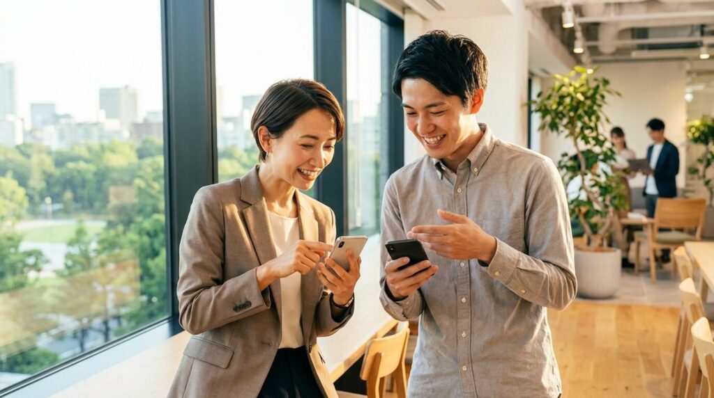 オフィスで笑顔で会話を交わす日本人男女の姿。電話に出ない人の心理を理解し、適切な対処法を実践することで得られる円滑なコミュニケーションと良好な関係性を象徴している。