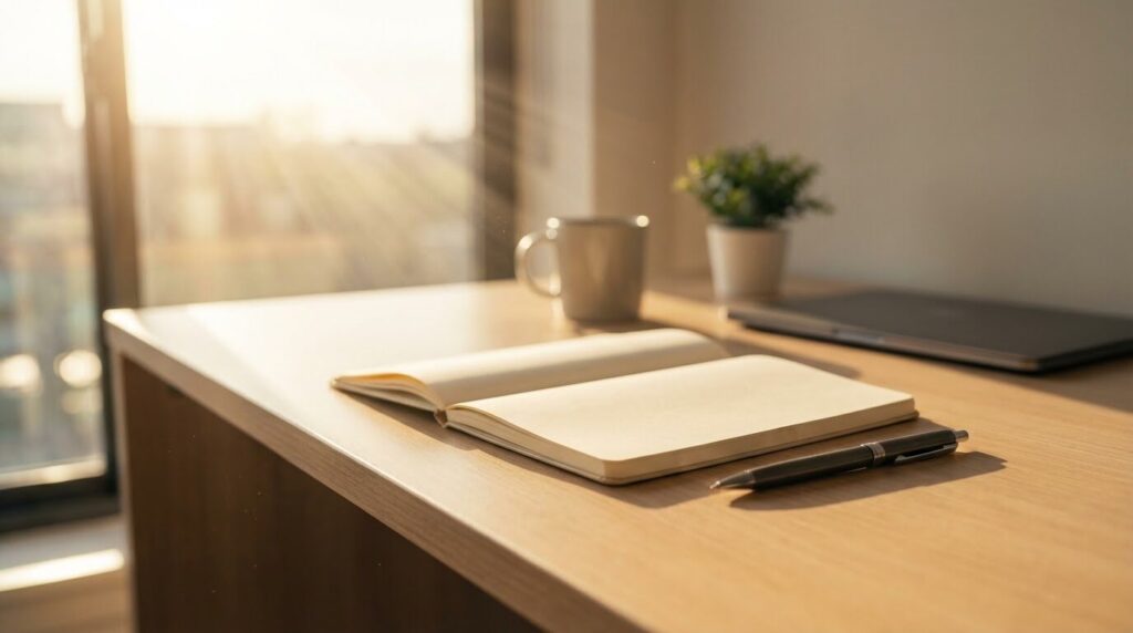 明るい日差しが差し込む整理されたオフィスのデスク。正論ばかり言う人との関わり方を整理し、前向きな解決へ向かう心理的な変化をイメージしている。