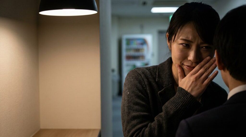 給湯室の陰で口元を隠しながら、得意げな表情で同僚に話しかける日本人女性。わざわざ告げ口する人の特徴である承認欲求や、他人を下げて自分を上げようとする心理が表れている。