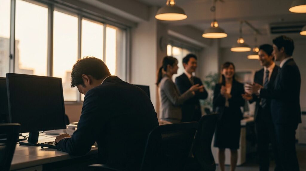 職場の同僚たちの輪に入れず、一人デスクで孤立している日本人男性社員。告げ口する人の末路として、周囲からの信頼を失い、誰からも相手にされなくなった状況。