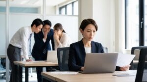 職場で同僚たちが噂話をしている気配を感じながらも、毅然とした態度で仕事に取り組む日本人女性。告げ口する人の末路や心理を知り、効果的な対処法を実践しようとしている様子。