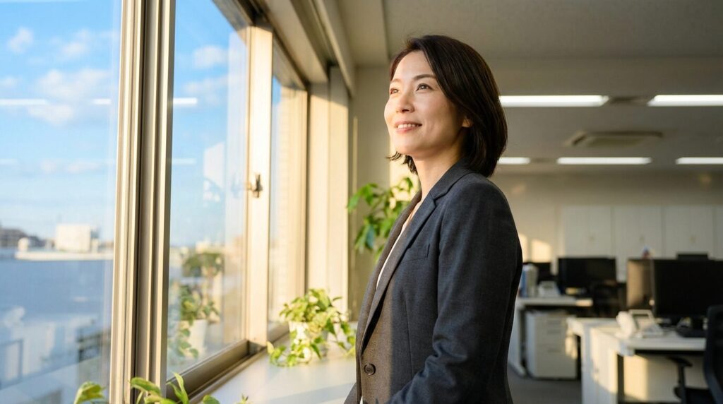 オフィスの窓際でリラックスした明るい表情を見せる日本人女性。告げ口する人の末路や対処法を理解し、職場のストレスから解放されて前向きな気持ちになっている様子。
