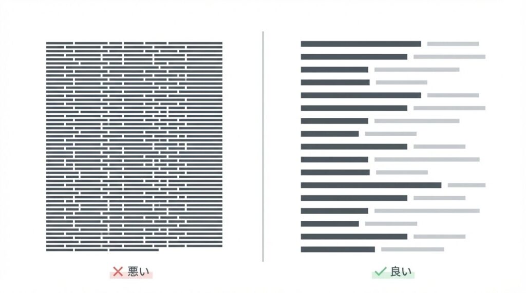 全て小さい文字で書かれた文章と、漢字を大きくひらがなを小さく書いてメリハリをつけた文章の視認性を比較した図解