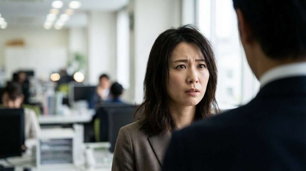 オフィスで上司から言葉を浴びせられ困惑している日本人女性の様子。正論ばかり言う人の心理や嫌われる理由、効果的な対処法を解説する記事のイメージを表している。