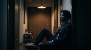 帰宅して玄関のドアを閉めた瞬間、外での愛想の良い顔から虚無的で冷たい表情へと一変した30代の日本人男性。外面がいい人が抱える過度なストレスと、家庭内で見せる本性のギャップをリアルに表現している。