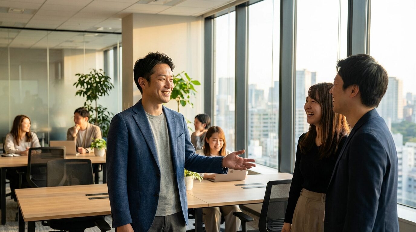 オフィスで同僚と穏やかに談笑する優秀な日本人男性社員。なめられる人が持つ親しみやすさと信頼感を表現している様子。
