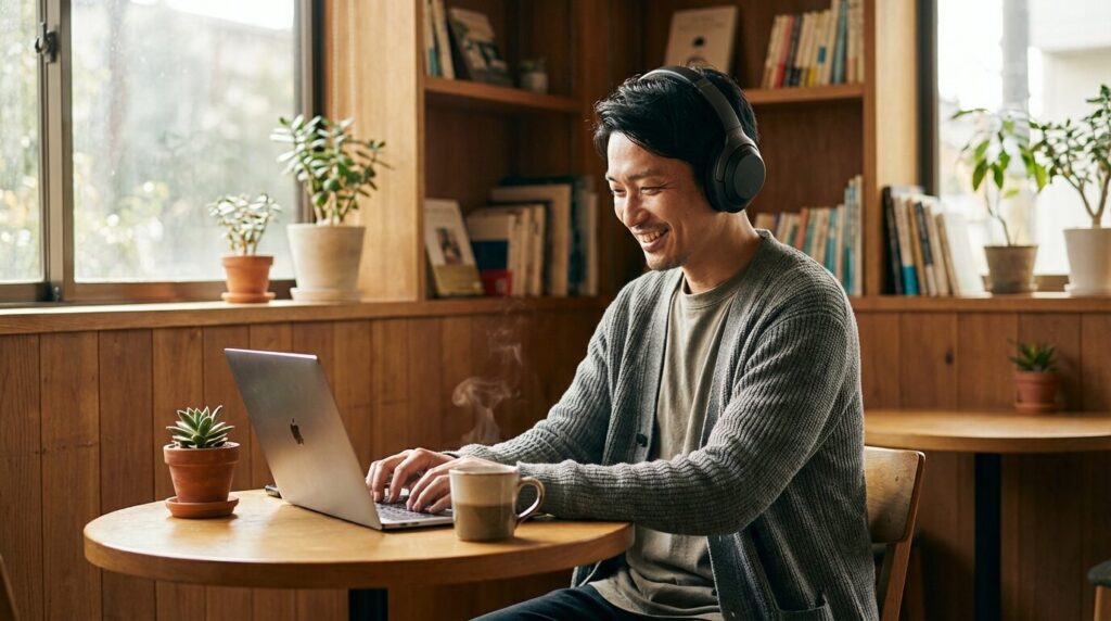 ノイズキャンセリングヘッドホンをして集中して作業する日本人男性。環境を整えることで感受性の強さを自分の強みとして活かす方法を実践している。