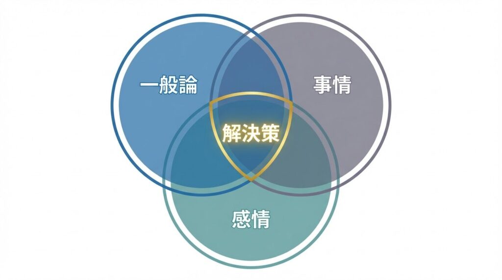 納得できる解決策の条件を示す3つの円のベン図。「一般論」「個別の事情」「相手の感情」の3要素が重なる部分こそが、相手に受け入れられる解決策であることを示している。