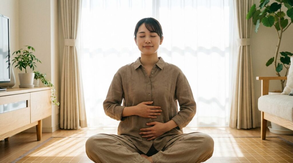 リラックスした表情で姿勢を正し腹式呼吸の練習をしている20代の日本人女性。声の小ささを改善する具体的な方法として、身体的なアプローチを実践している様子。