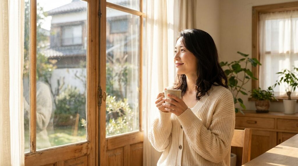 柔らかな光の中で穏やかにリラックスしている30代の日本人女性。外面がいい人の特徴や末路を理解し、適切な距離を取ることで得られる心の平穏と希望を表現している。