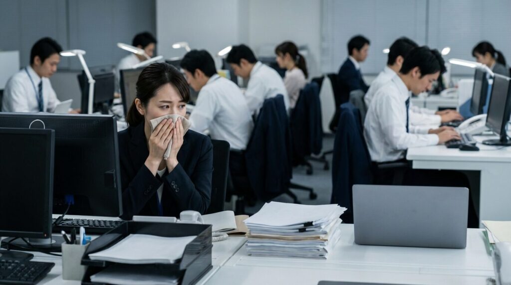 隣席の同僚の体調不良を気にして口元を覆い、感染リスクに不安を感じている日本人女性社員。体調悪いのに出勤してくる人が職場にもたらす迷惑な理由とリスクを示唆する場面。