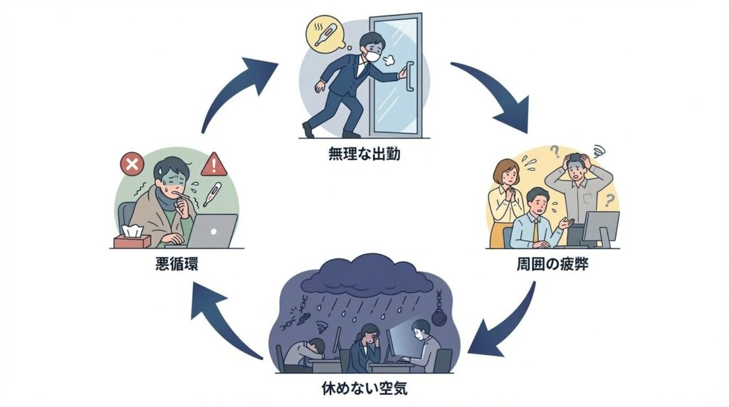 無理な出勤が職場の雰囲気を悪化させ、さらなる無理な出勤を生む悪循環(負のループ)を示したサイクル図。プレゼンティーズムによる職場環境の悪化プロセス。