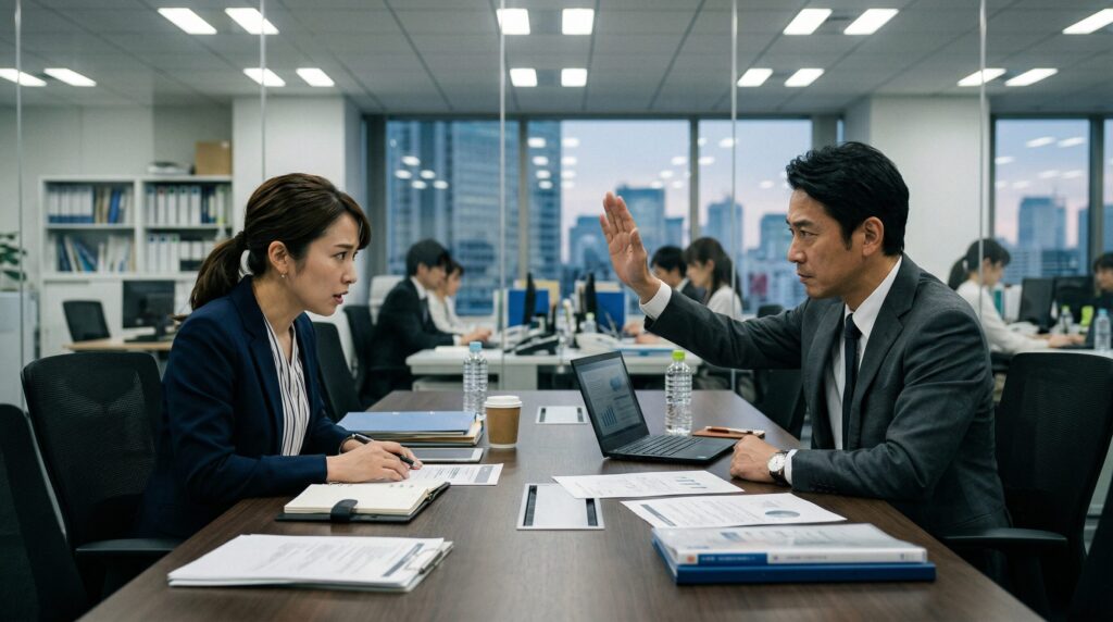 オフィスで相手の発言を遮るジェスチャーをする日本人男性と言葉を飲み込む日本人女性。謝らない人に共通しやすい特徴として話をすり替えたり自覚がない行動パターンを連想させる場面