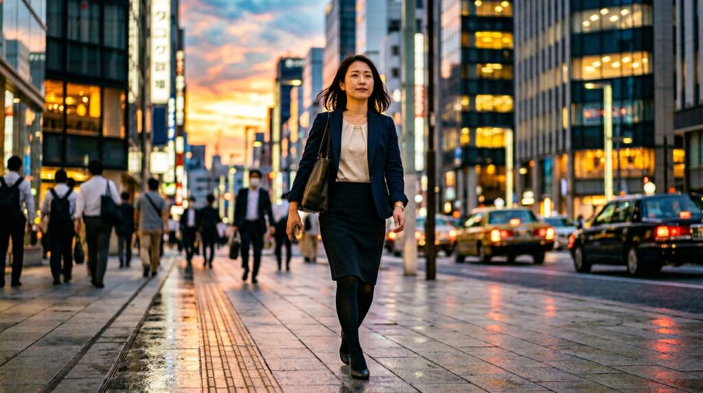 夕方のオフィス街を穏やかな表情で前を向いて歩く日本人女性。謝らない人の末路や対処法を振り返り、自分を守るために一歩踏み出す姿を表している