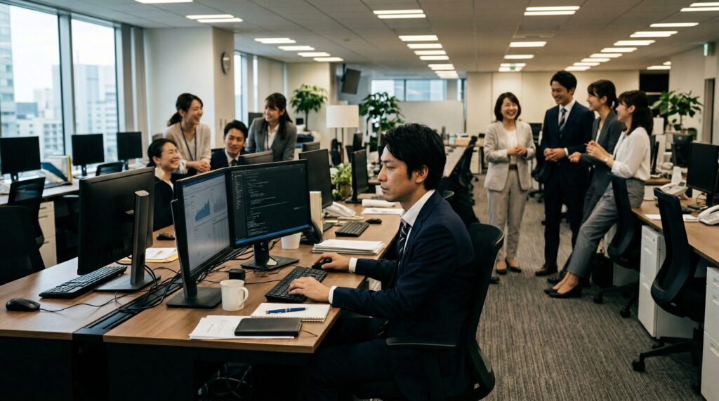 オフィスで周囲の同僚から距離を置かれ一人でデスクに座る日本人男性。謝らない人の末路として信頼低下や孤立につながりやすい傾向を表している