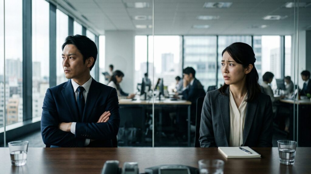 オフィスの会議室で謝らない日本人男性と困惑する日本人女性が向き合っている。謝らない人の末路や心理、対処法をテーマにした記事の導入を表す場面