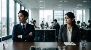 オフィスの会議室で謝らない日本人男性と困惑する日本人女性が向き合っている。謝らない人の末路や心理、対処法をテーマにした記事の導入を表す場面