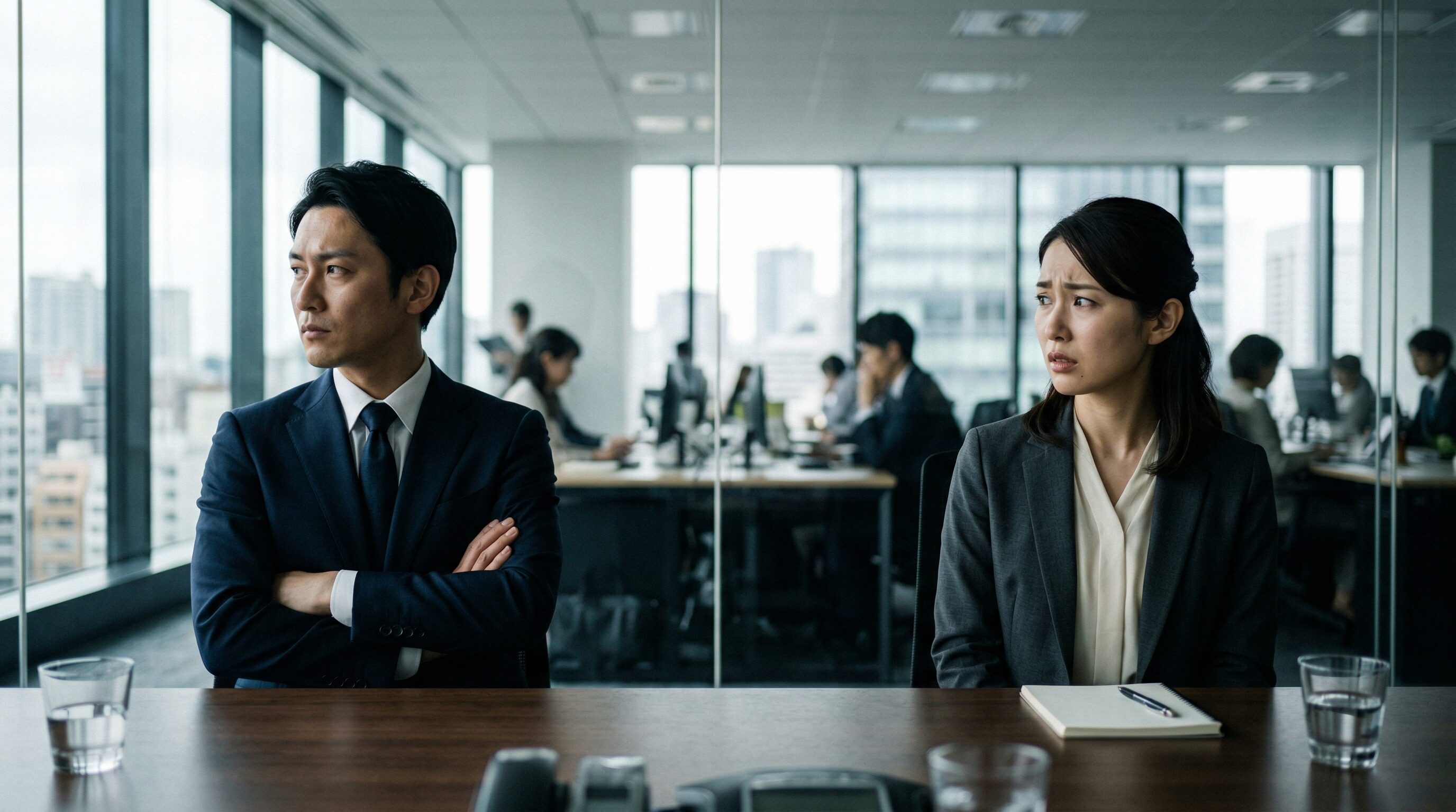 オフィスの会議室で謝らない日本人男性と困惑する日本人女性が向き合っている。謝らない人の末路や心理、対処法をテーマにした記事の導入を表す場面