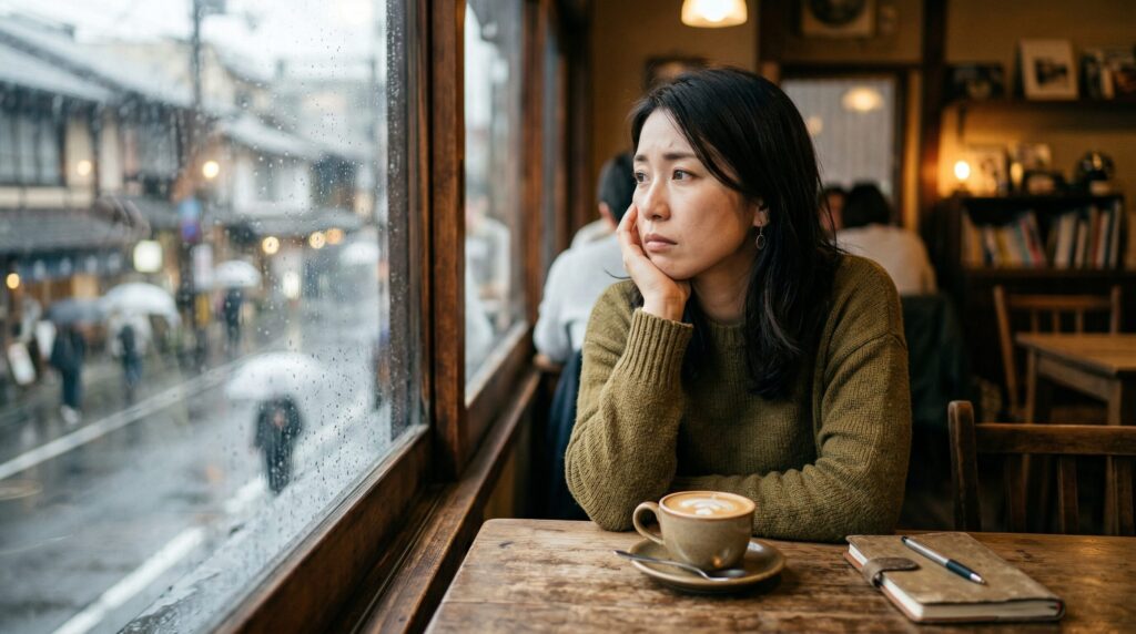 カフェの窓際で葛藤した表情を浮かべる日本人女性。謝らない人の心理としてプライドや傷つくことへの恐れなど主な要因を想起させる場面