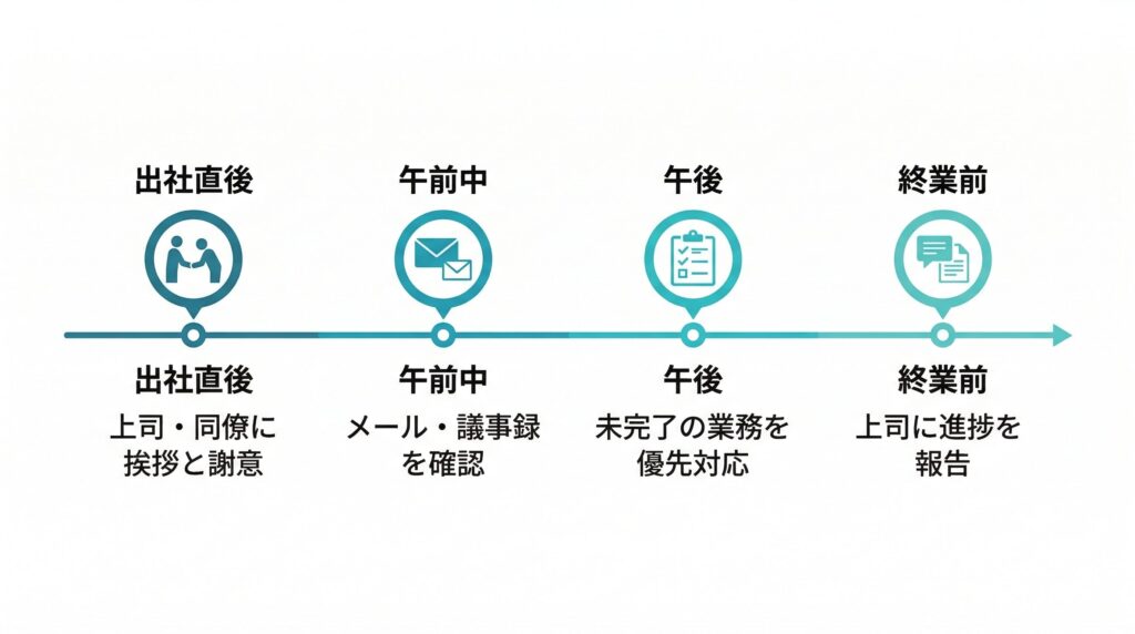 復帰日にやるべきことを時系列で示すタイムライン図。出社直後の挨拶・謝意、午前中のメール・議事録確認、午後の未完了業務対応、終業前の上司への進捗報告という4つの行動を時間軸に沿って示す図