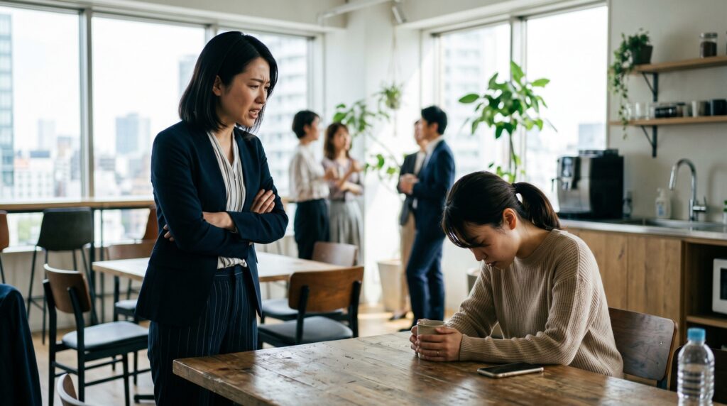 文句ばかり言う人に疲れた表情で向き合う職場の女性の様子を捉えた写真