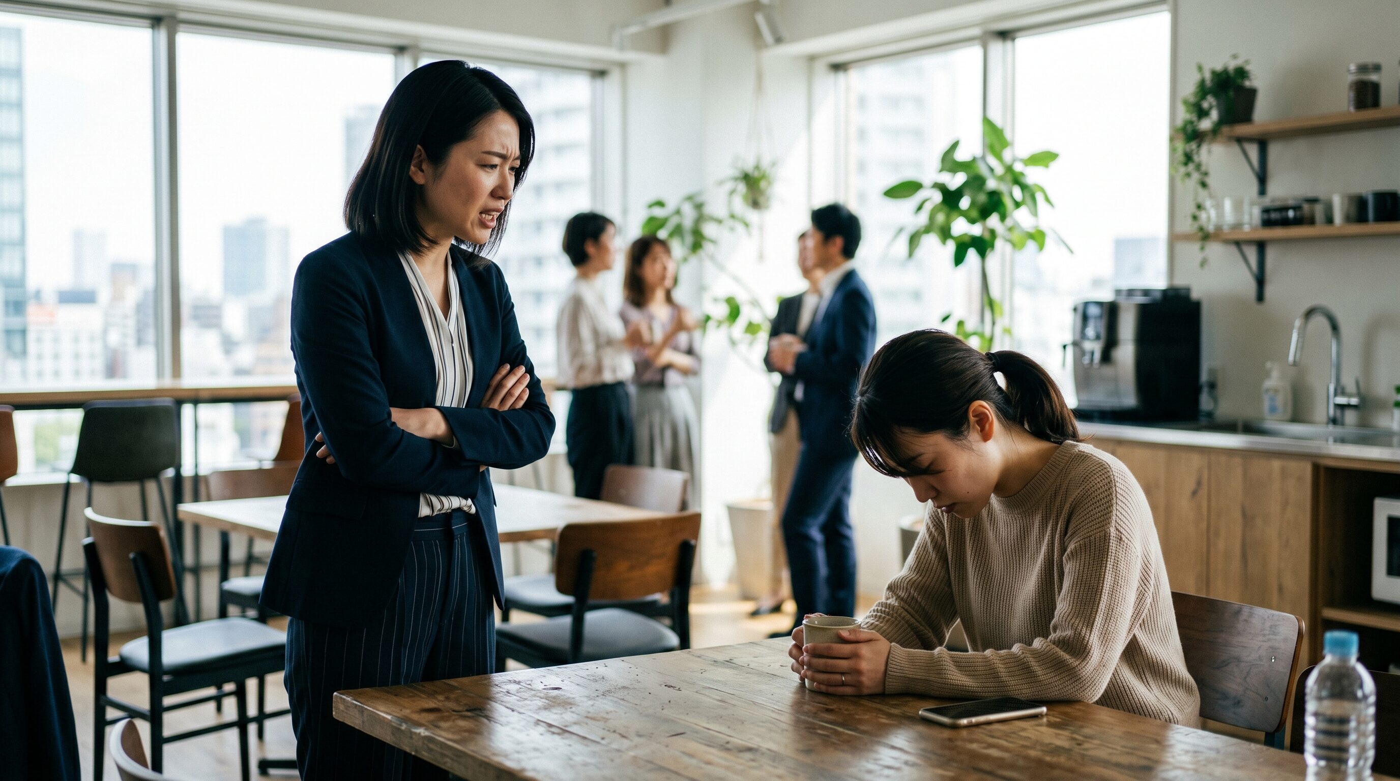 文句ばかり言う人に疲れた表情で向き合う職場の女性の様子を捉えた写真