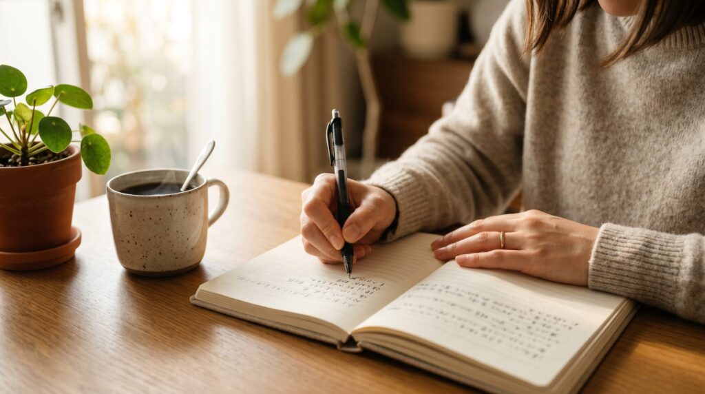 文句ばかり言う人にならないための改善策として感謝を書き出す習慣に取り組む女性の手元