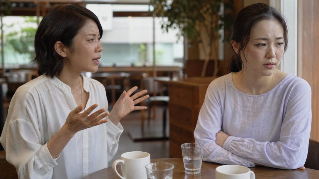人の悪口ばかり言う人の特徴と心理として、相手への不満を話し続ける会話の雰囲気を表しています。