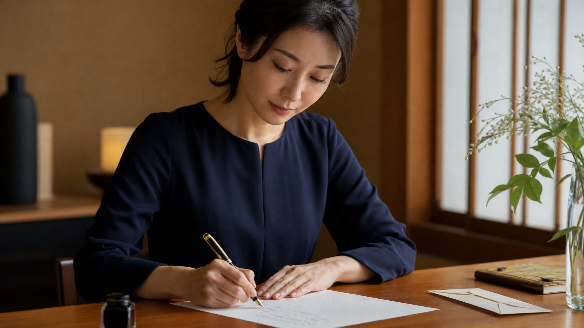 日本人女性が万年筆で便箋に丁寧に文字を書いている様子を捉えたシーンで、字が綺麗な人と育ちの関わりを象徴する一枚。