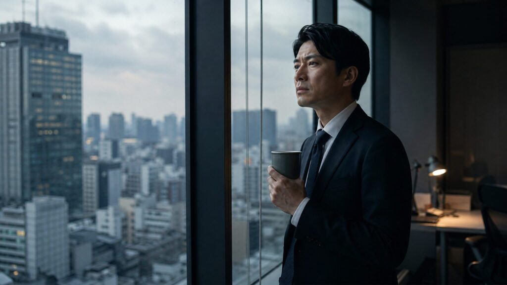 窓辺で物思いにふける日本人男性ビジネスパーソンの姿を通して、横文字を使いたがる人の心理の内面に迫るシーン。