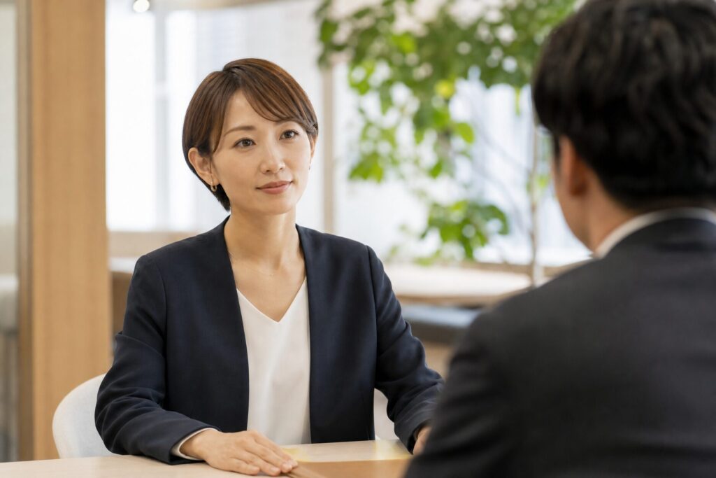 オフィスで穏やかに対話する日本人女性会社員。言い方がきつい人への効果的な対処法として冷静なコミュニケーションを表現したシーン。