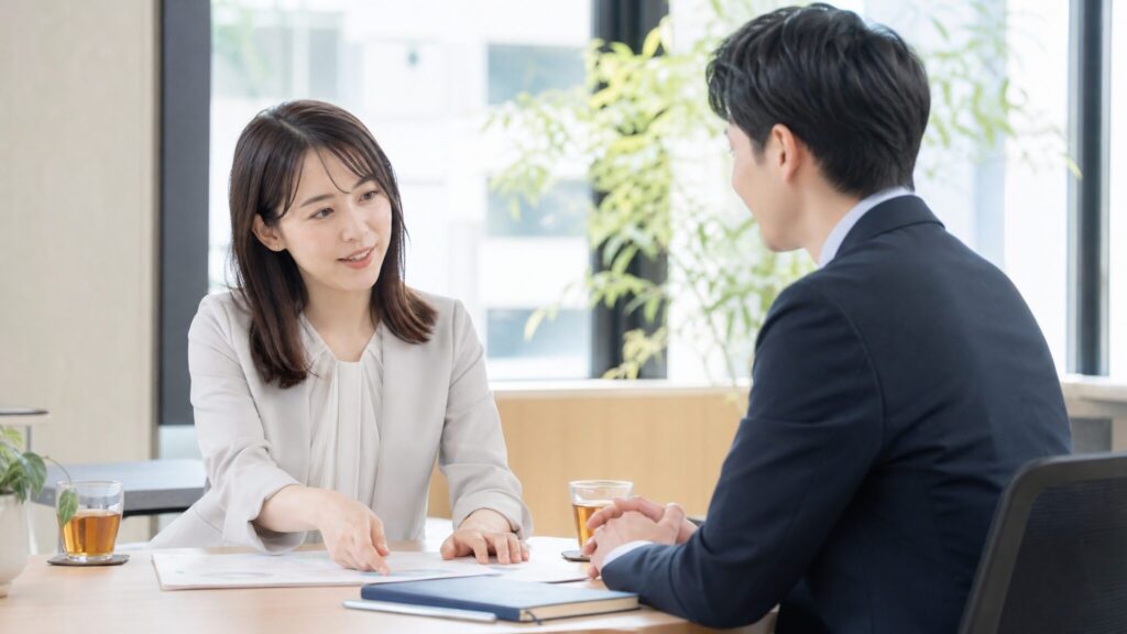 穏やかに資料を確認し合う日本人男女の社員の姿を通して、横文字を使う人への対処法と建設的なコミュニケーションを表すシーン。