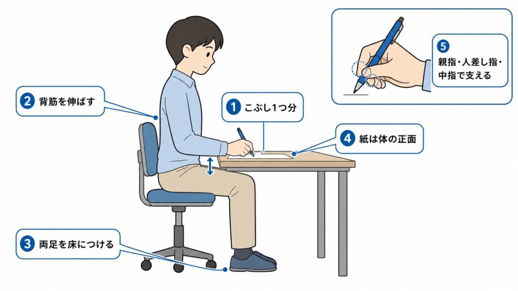 机に向かう人物の側面イラストにより、こぶし1つ分の距離・背筋・両足の置き方・紙の位置・ペンを支える3本の指という姿勢とペンの持ち方の5つのポイントを吹き出しで示したインフォグラフィック