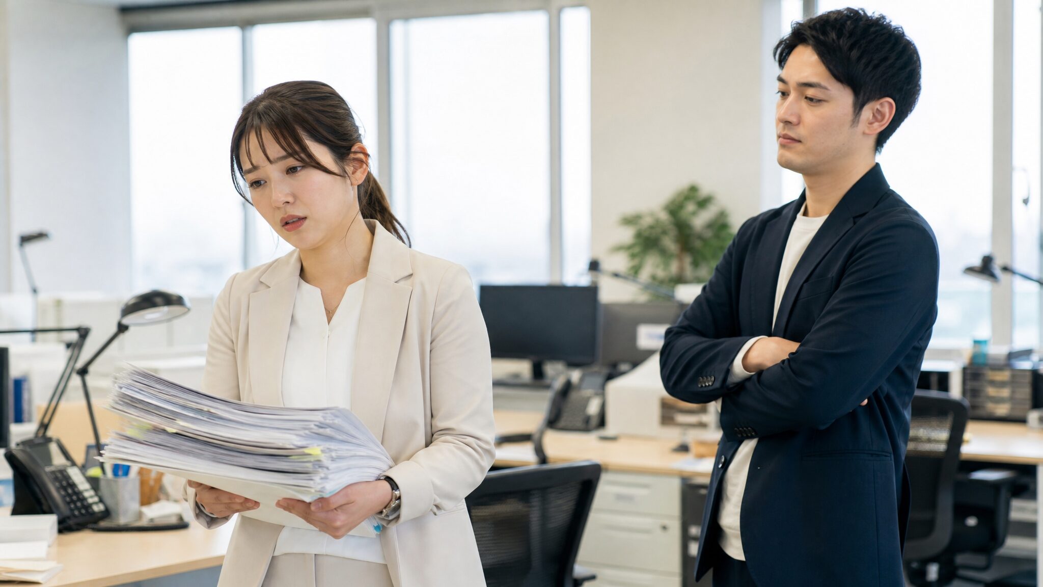 人をあてにする人の心理と末路を象徴する、職場で一方的に業務を抱える女性社員と何もしない男性社員の様子