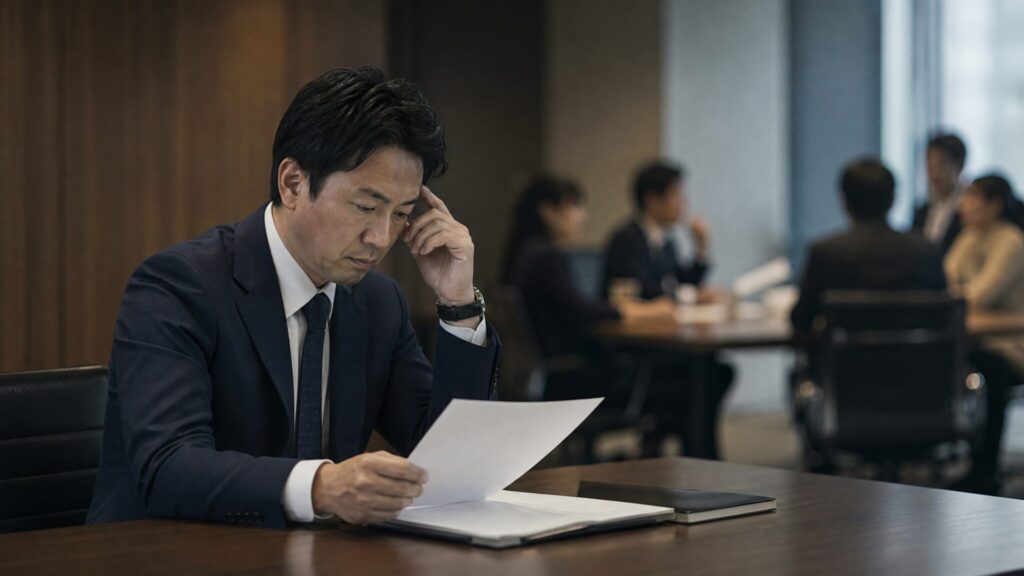 人をあてにする人が迎える末路として、職場で信頼を失い周囲から距離を置かれていく男性社員の姿
