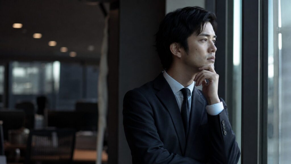 人をあてにする人の心理に潜む自己評価の低さや責任回避の傾向を象徴する、窓際で物思いにふける男性会社員の姿